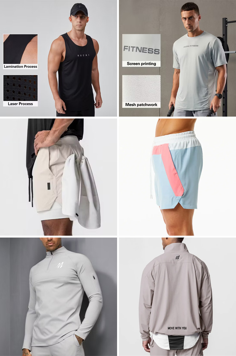 ชุดกีฬาและฟิตเนสสำหรับผู้ชายจากโรงงานจีน Hucai Garment เหมาะสำหรับแบรนด์แฟชั่นสายแอคทีฟ