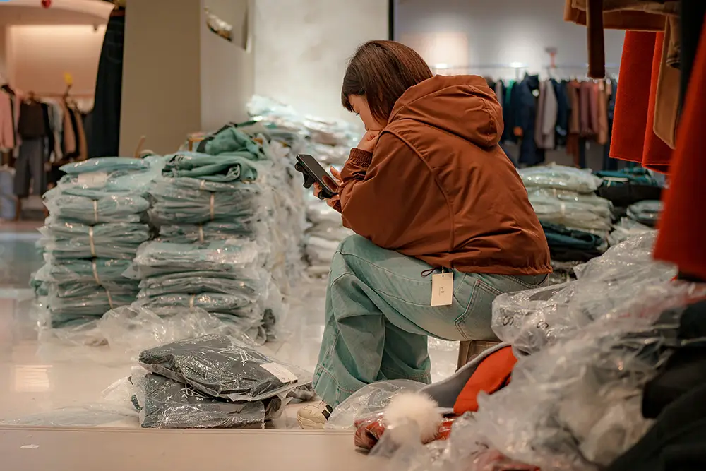 ผู้ซื้อกำลังตรวจสอบออเดอร์เสื้อผ้าในร้านค้าส่งจีน