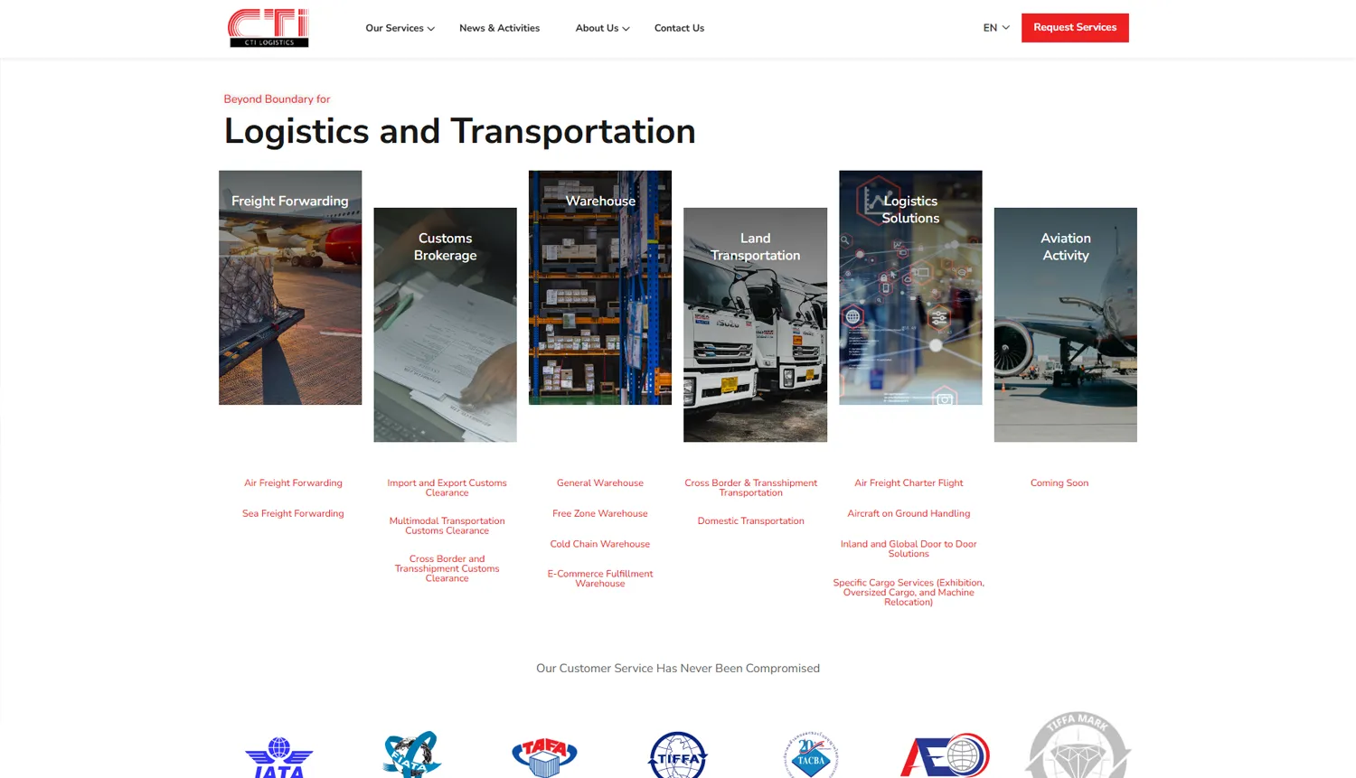 หน้าเว็บไซต์ CTI Logistics แสดงบริการขนส่ง ศุลกากร คลังสินค้า และโลจิสติกส์