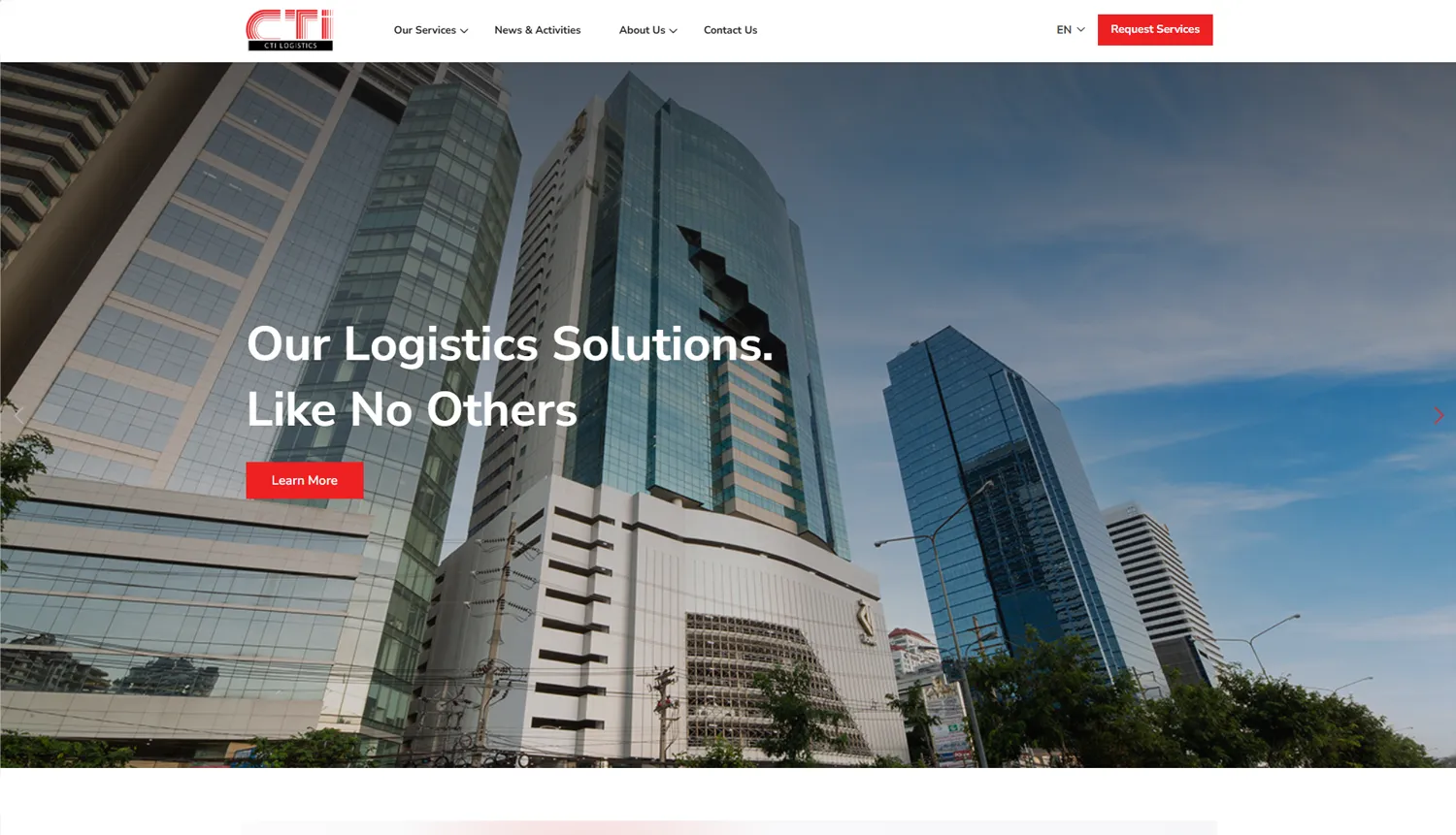 หน้าเว็บไซต์ CTI Logistics แสดงบริการขนส่ง ศุลกากร คลังสินค้า และโลจิสติกส์