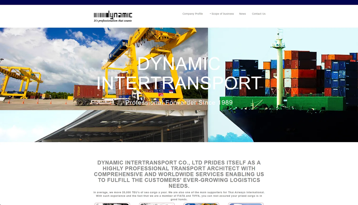 หน้าเว็บไซต์ Dynamic Intertransport ผู้ให้บริการขนส่งและโลจิสติกส์ตั้งแต่ปี 1989