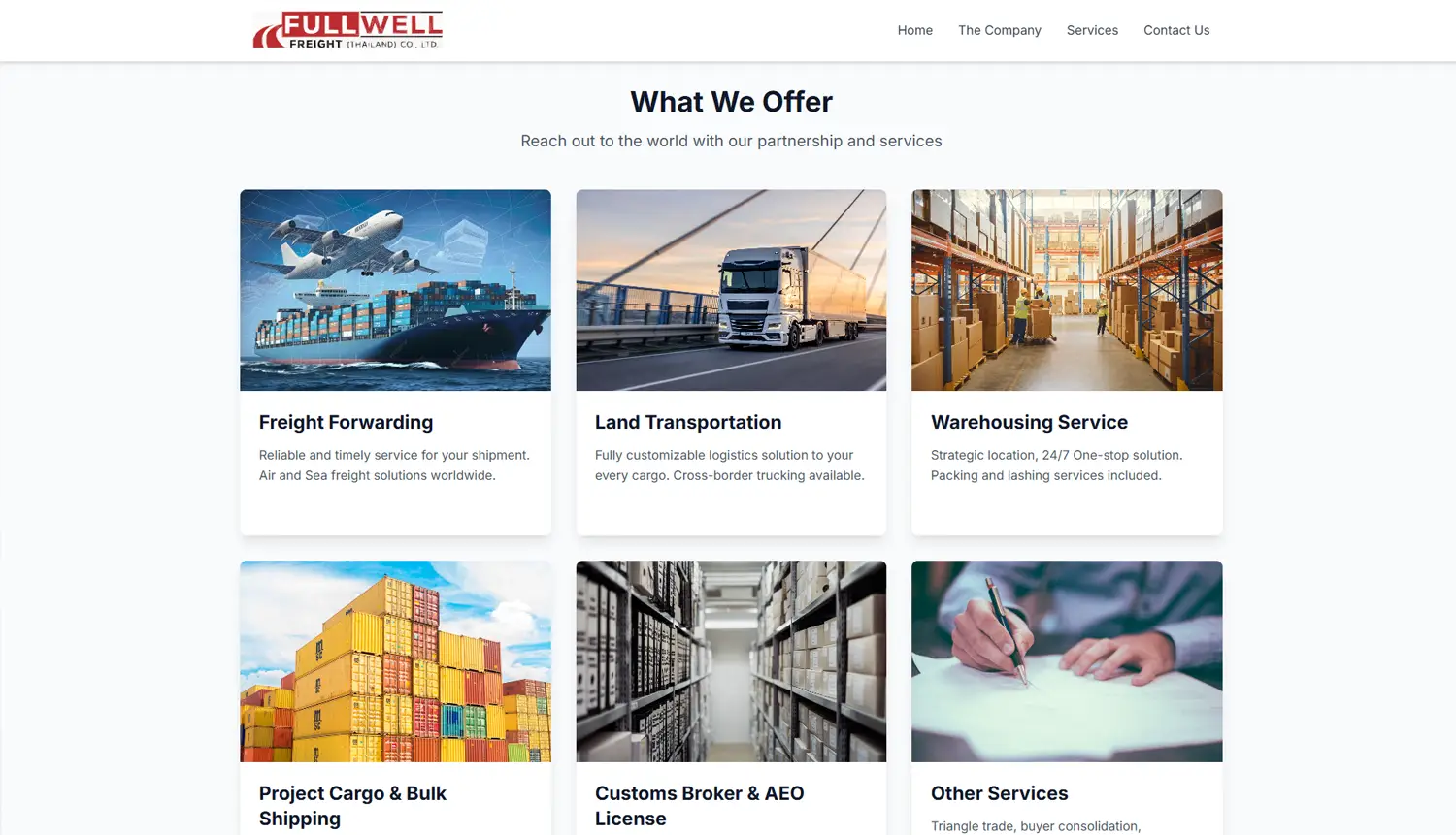 หน้าเว็บไซต์ Full Well Freight Thailand บริการ Freight Forwarding และโลจิสติกส์